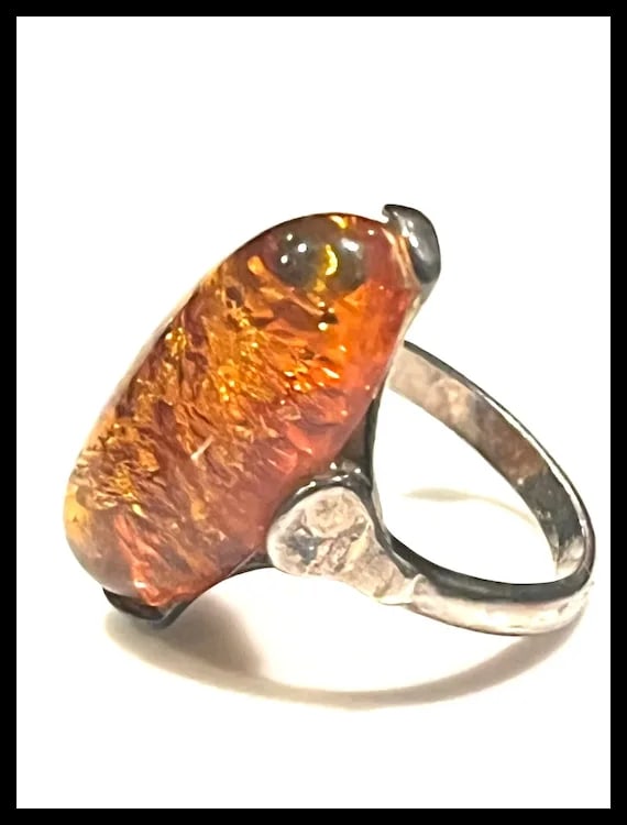 Vintage Sterling Silver Amber Ring - 3