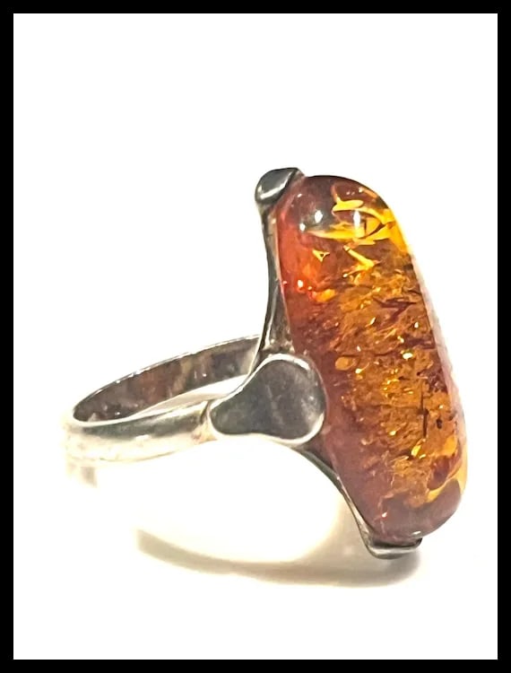 Vintage Sterling Silver Amber Ring - 4
