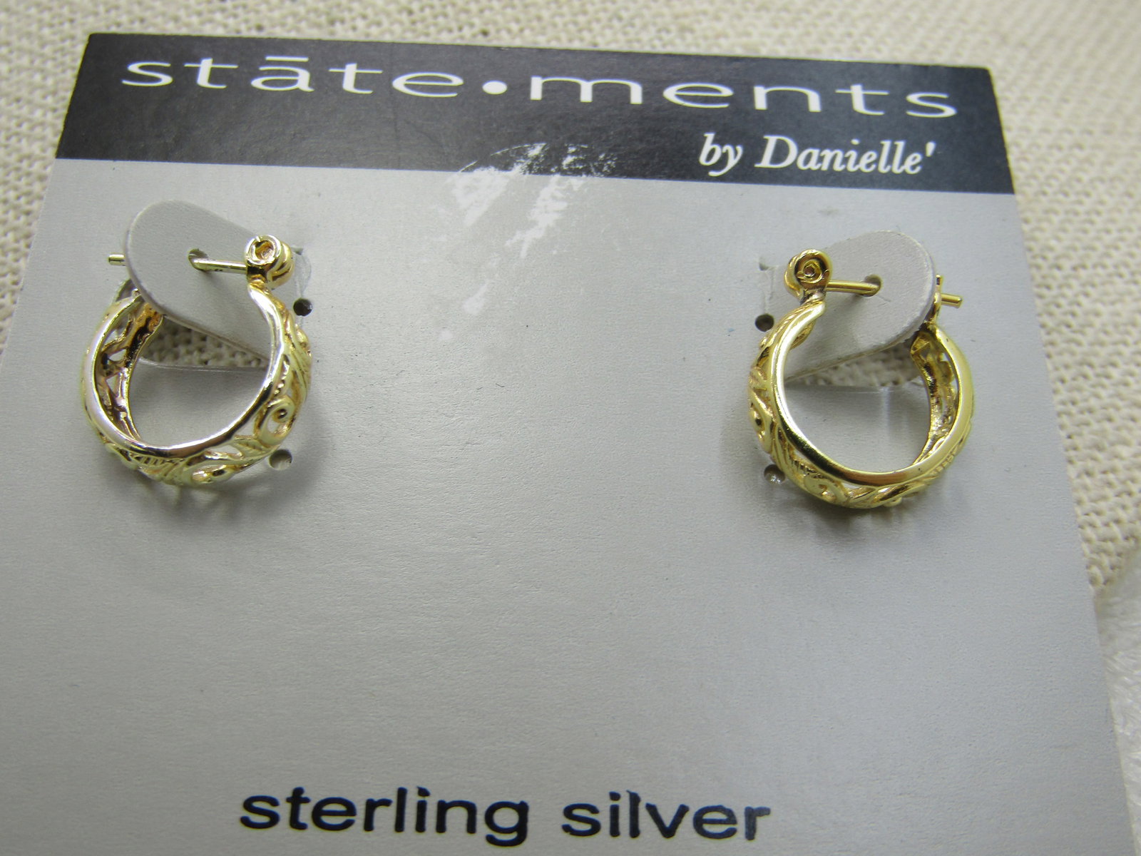 Vintage Gold over Sterling Filigree Hoop Earrings, Pierced, Statements by Danielle: Vintage Gold over Sterling Filigree Hoop Earrings, Pierced, Statements by Danielle, vintage new on card. 1/2" hoops with hinged locking post. Appx. 1.54 grams. Goldwashed over sterling, marked and