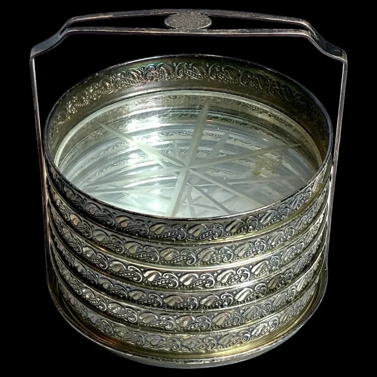 Vintage Sterling Silver Caddy and Mounted Cut Glass Bottom Coaster Set of Six (1 of 9)