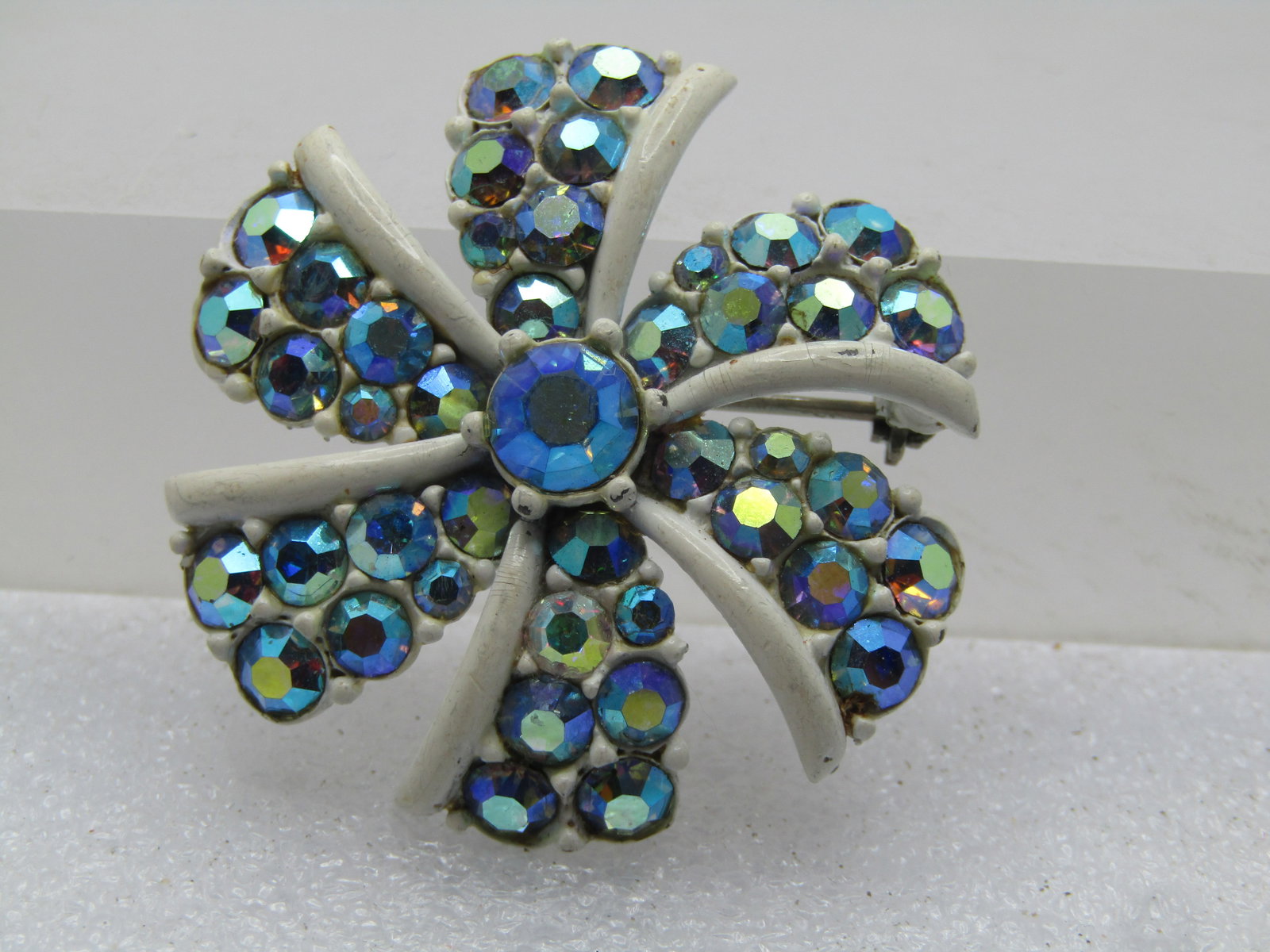 Vintage White Enameled Peacock Rhinestone Brooch, Aurora Borealis, 1940's-1950's (1 of 5)