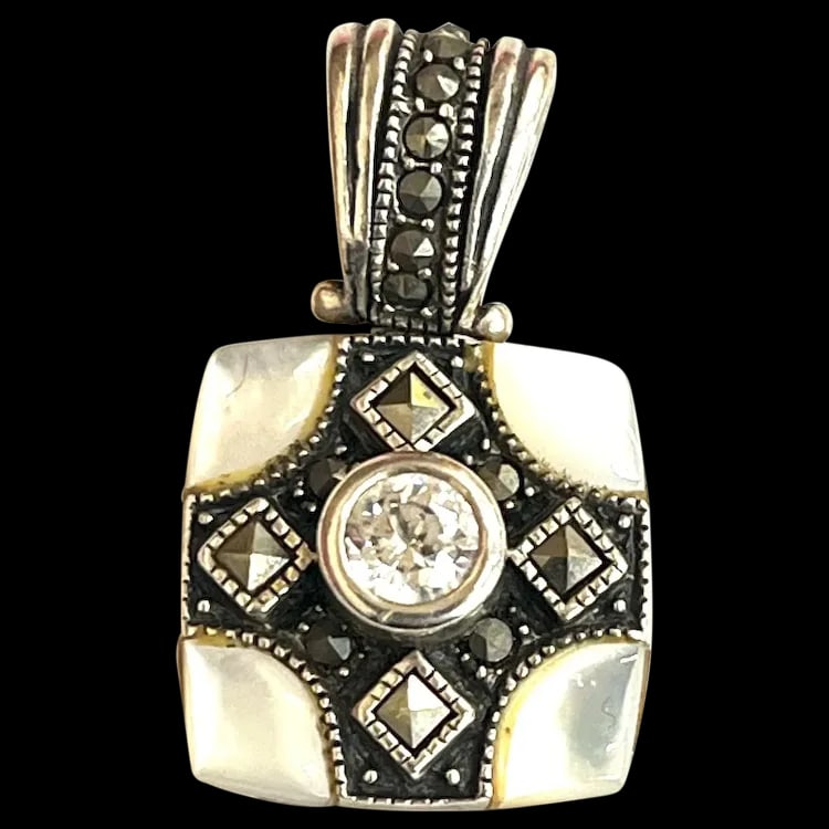 Estate Sterling Silver Marcasite and Mother of Pearl Pendant (1 of 6)