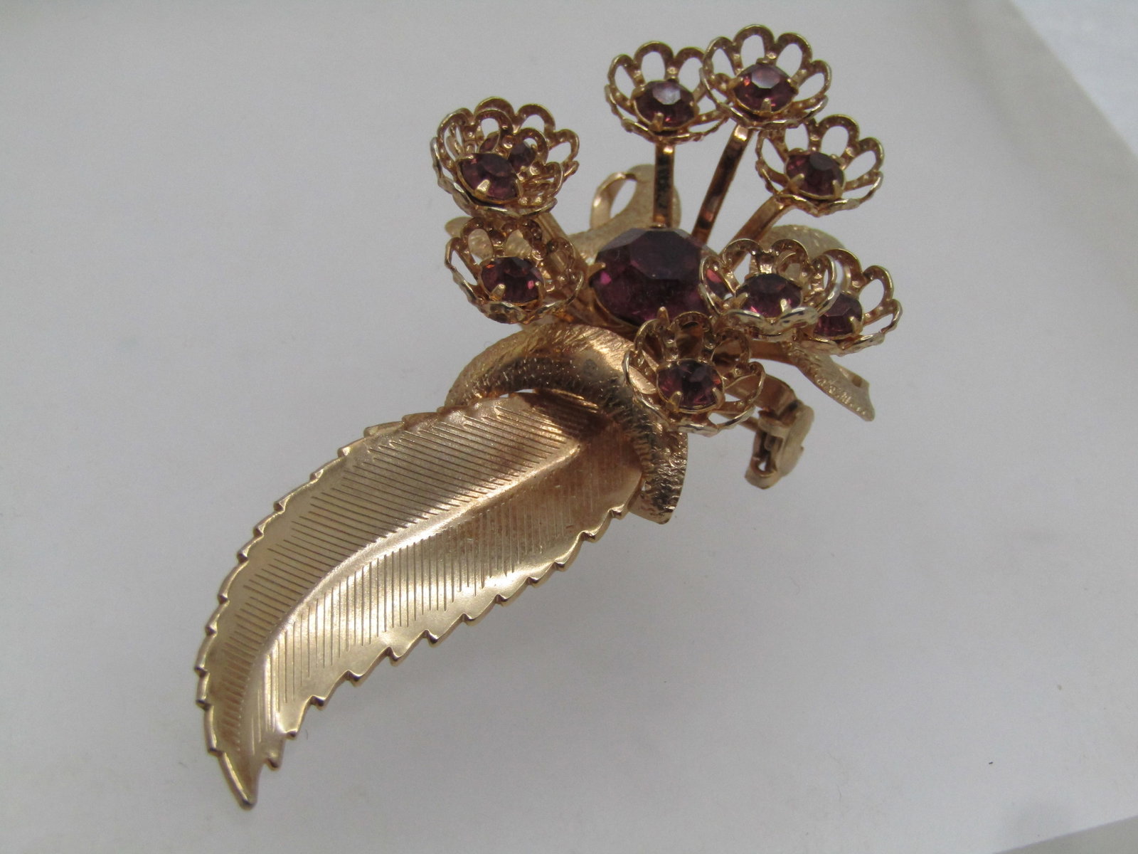 Vintage Purple Rhinestone Leaf & Cluster Brooch, 1950's-1960's (1 of 5)