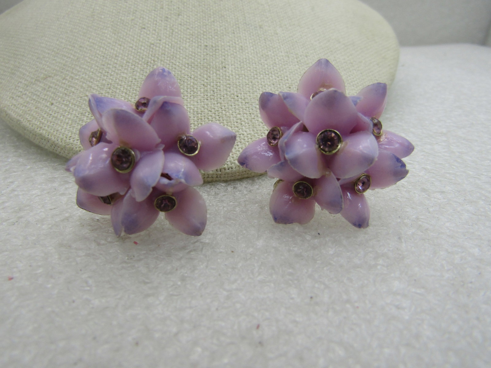 Vintage Lilac Blossom Screw Back Earrings, Rhinestones, Mid-Century (1 of 5)