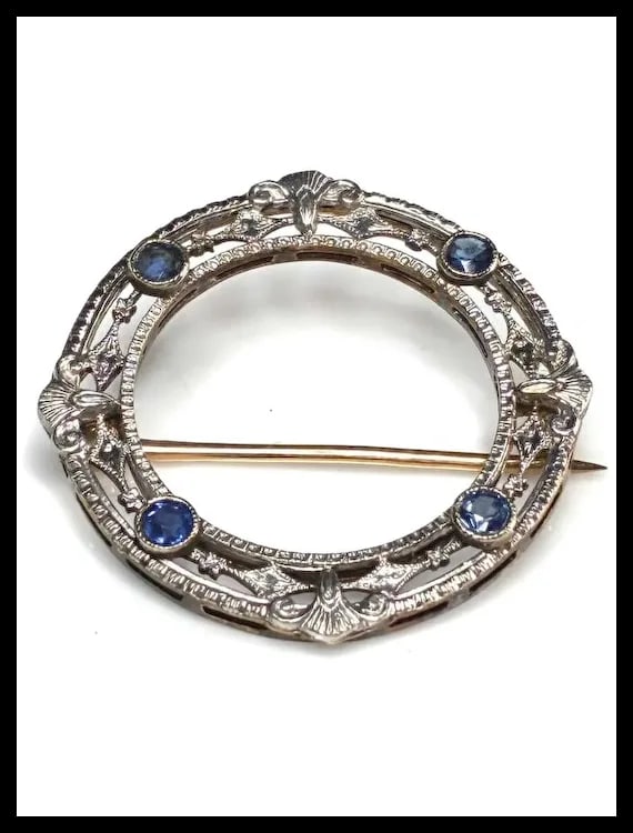 Antique 14k White Gold Art Deco Sapphire Brooch - 3