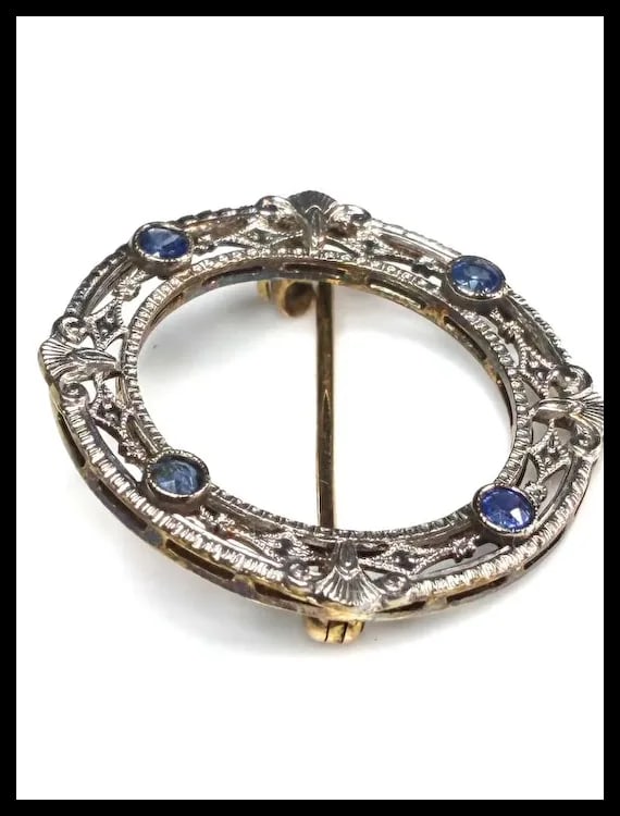 Antique 14k White Gold Art Deco Sapphire Brooch - 4