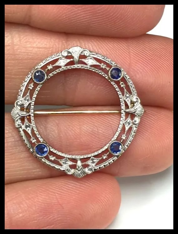 Antique 14k White Gold Art Deco Sapphire Brooch - 7