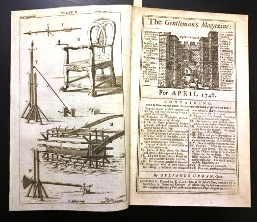 1746 Magazine Jacobite Rebellion Fort William: Title: 1746 Magazine Jacobite Rebellion Fort William Description: The April 1746 issue of Gentlemen's Magazine printed at London by Sylvanus Urban and printed by E. Cave, 56 pages and one engraved pla