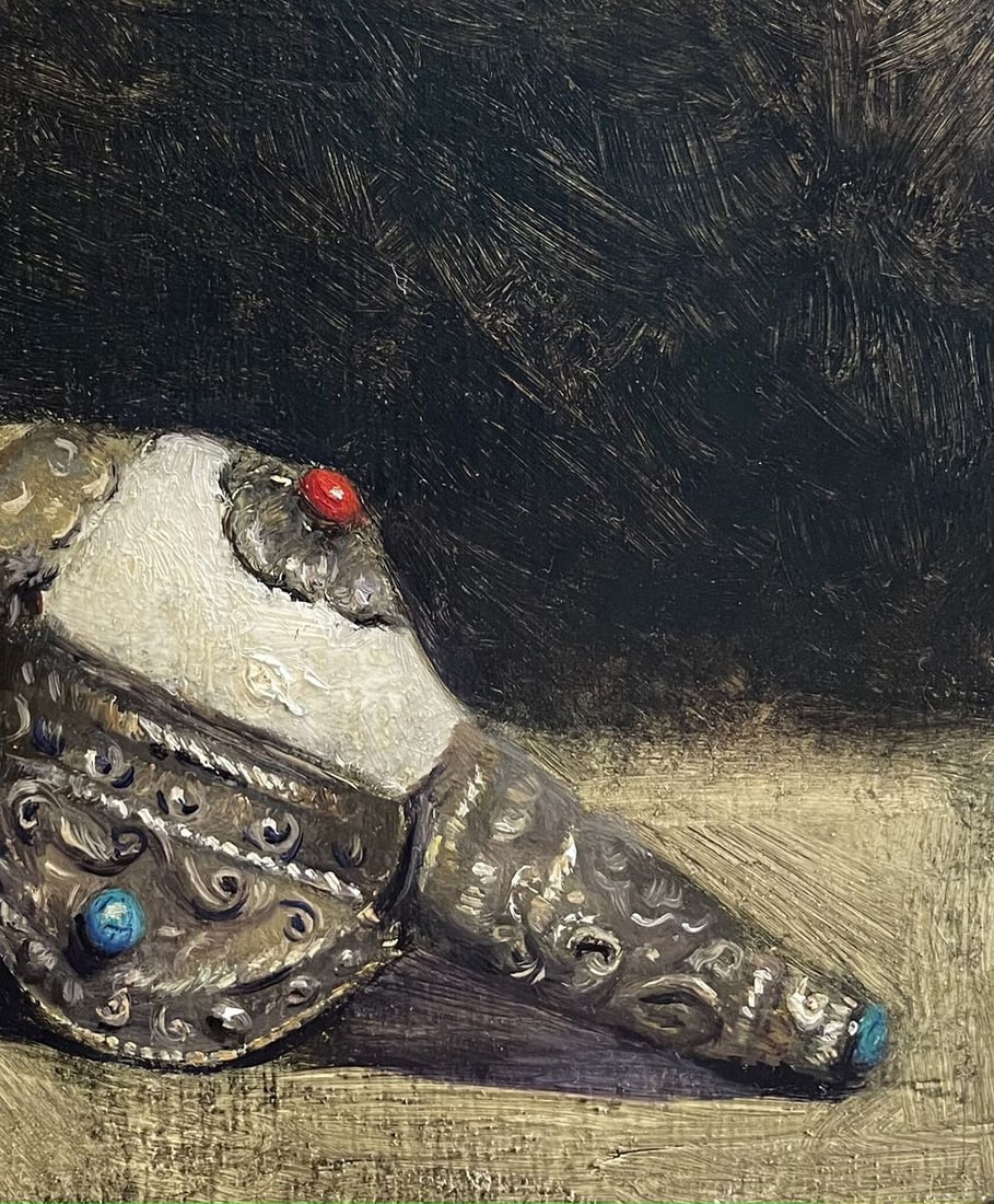 Oil painting Flute shell in Ornate hand carved Annam Butt (1 of 6)