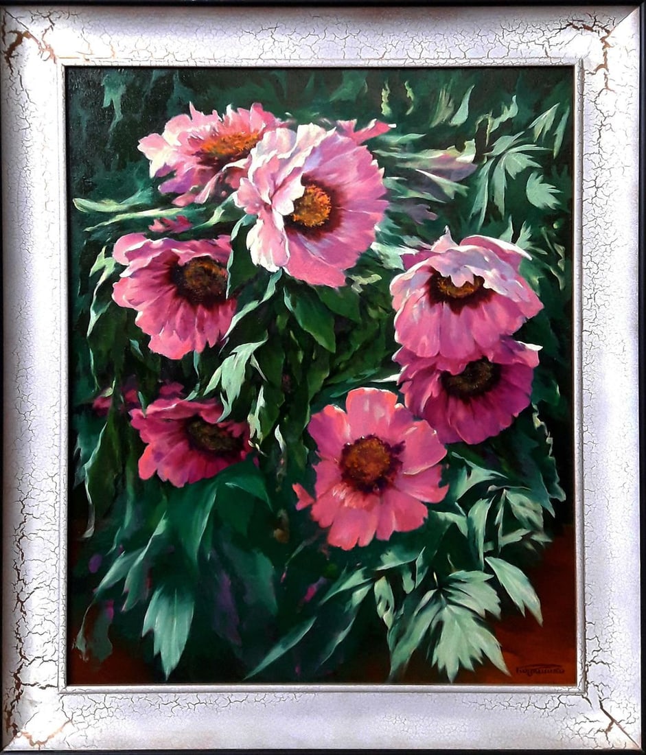 Oil painting Tree pink peonies Vasily Korkishko: Title: Oil painting Tree pink peonies Vasily Korkishko Description: "Kork 178 *** ABOUT THIS PAINTING *** * TITLE: "Tree pink peonies" * ARTISTS: Vasily Korkishko * SIZE: 87.5x67.5 cm/'34.44x26.57 inc