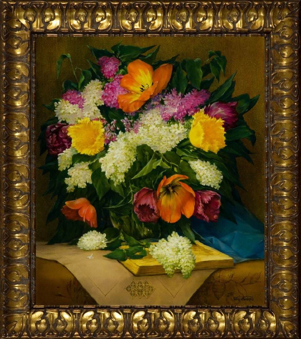 Oil painting Spring bouquet Vasily Korkishko: Title: Oil painting Spring bouquet Vasily Korkishko Description: "Kork 189 *** ABOUT THIS PAINTING *** * TITLE: "Spring bouquet" * ARTISTS: Vasily Korkishko * SIZE: 69x59 cm/'27.16x23.22 inches' * MED