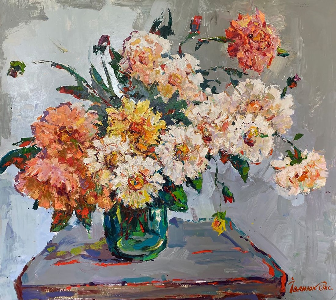 Oil painting Autumn dahlias Oksana Ivanyuk: Title: Oil painting Autumn dahlias Oksana Ivanyuk Description: "Kalen 1605The oil painting on Canvas titled "Autumn Dahlias" is a vibrant celebration of seasonal bloom, capturing a fleeting yet