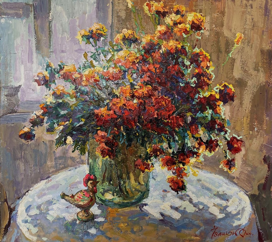 Oil painting The warmth of marigolds Oksana Ivanyuk: Title: Oil painting The warmth of marigolds Oksana Ivanyuk Description: "Kalen 1606The oil painting on Canvas titled "The Warmth of Marigolds" is an expressive still life that radiates the comforting