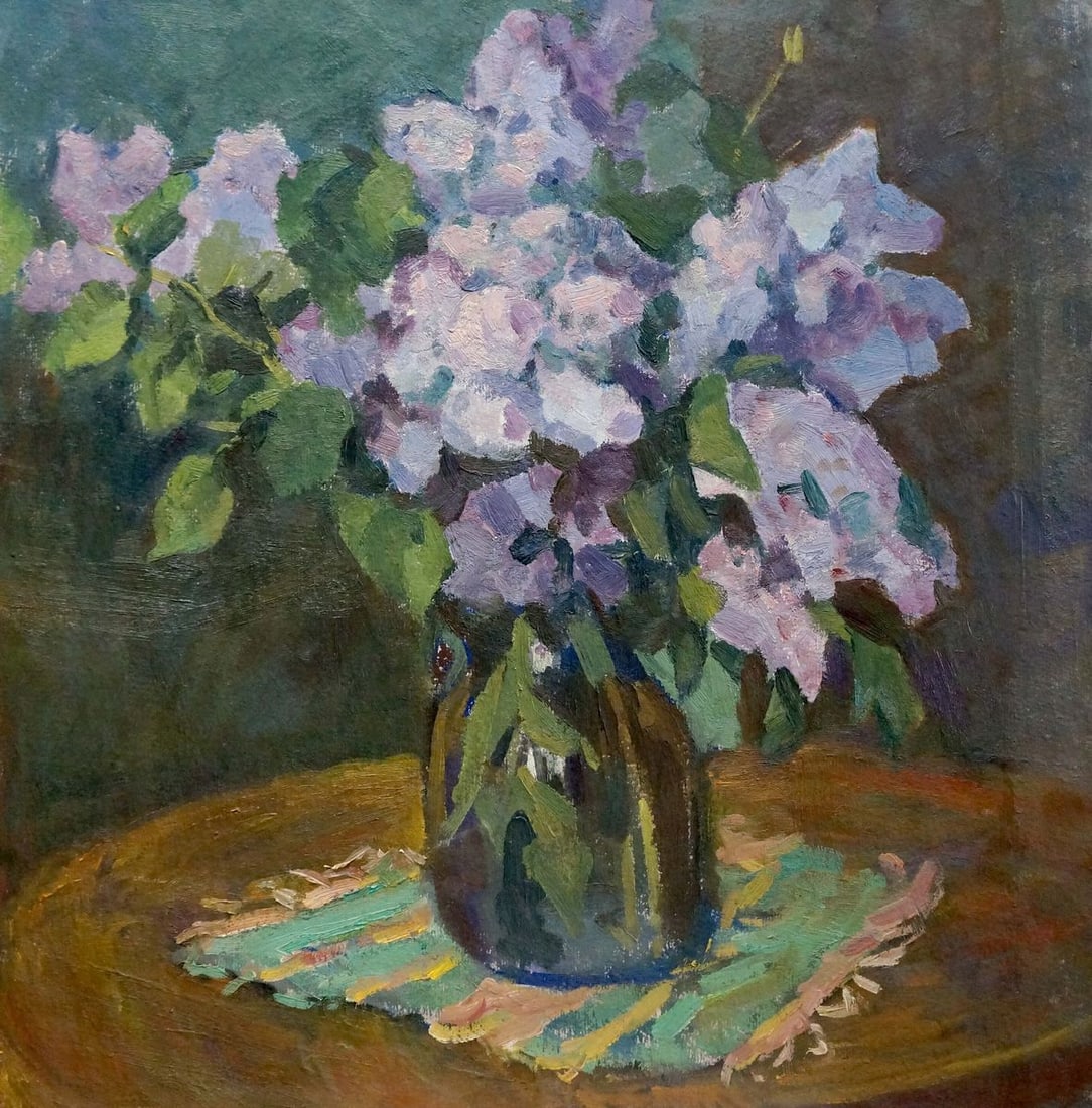 Oil painting Vase with lilac: Title: Oil painting Vase with lilac Description: "Verns 625 *** ABOUT THIS PAINTING *** * TITLE: "Vase with lilac" * ARTISTS: Unknown artist * SIZE: 55x55 cm/'21.65x21.65 inches' * MEDIUM: oil, cardbo