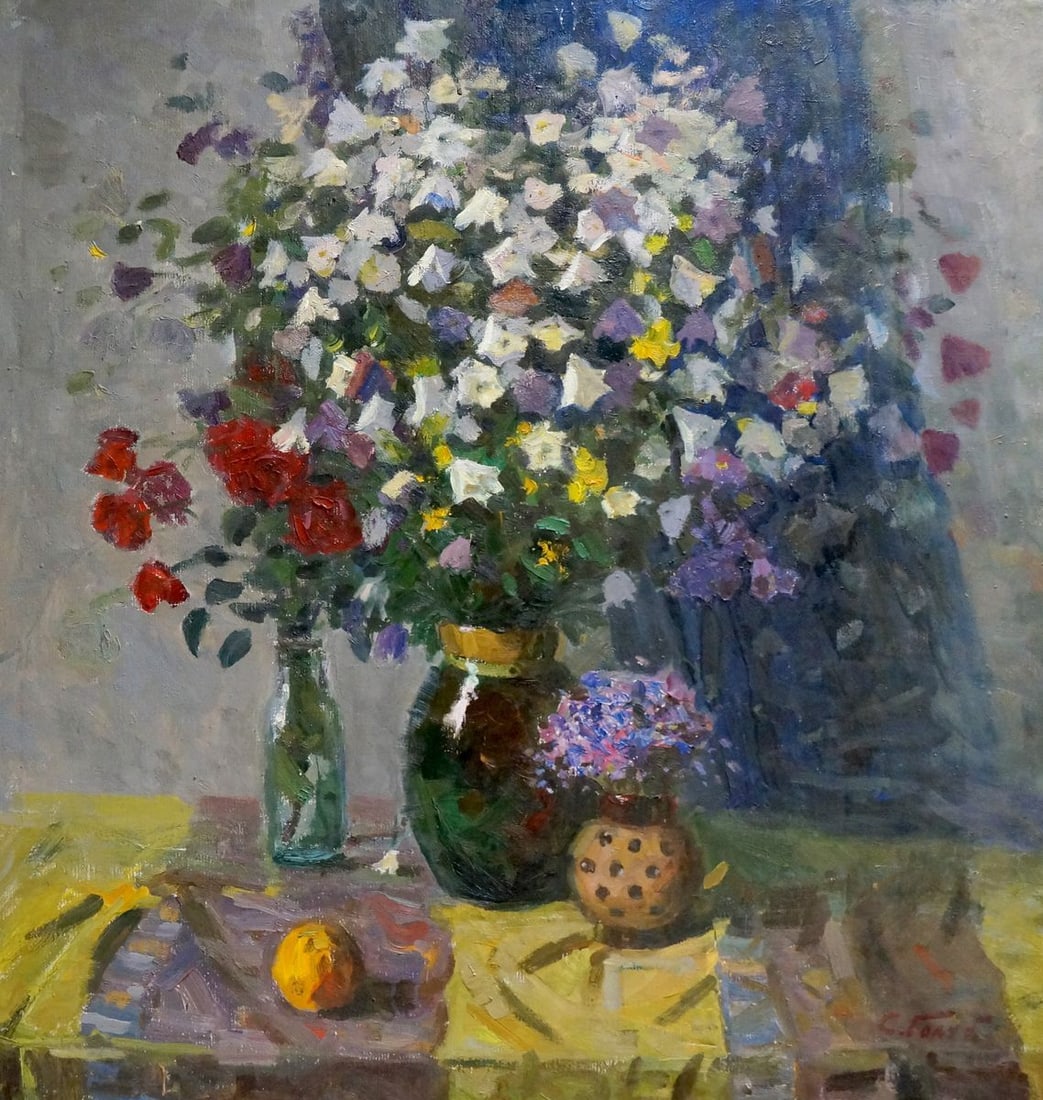 Oil painting Flowers Golub Stepan Filippovich: Title: Oil painting Flowers Golub Stepan Filippovich Description: "Vern 1313 *** ABOUT THIS PAINTING *** * TITLE: "Flowers" * ARTISTS: Golub Stepan Filippovich * SIZE: 100x100 cm/'39.37x39.37 inches'