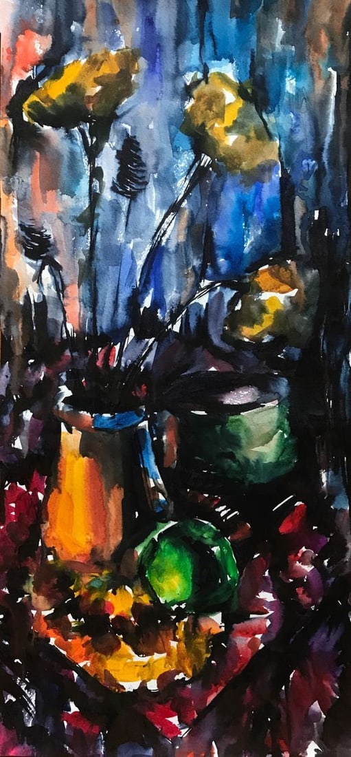 Watercolor painting Summer gifts Unknown artist: Title: Watercolor painting Summer gifts Unknown artist Description: "AAA2265 "Summer gifts" is a painting. The painting features a glass vase filled with flowers, with the glare of light shining on th