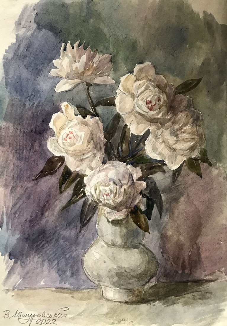 Watercolor painting White roses Wihyrovskii Victor (1 of 11)