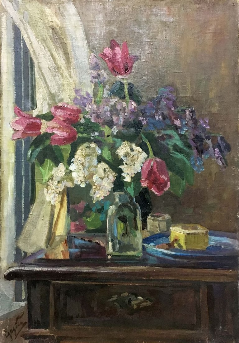 Oil painting Tulips and lilacs Adalbert Mikhailovich Erdeli (1 of 13)