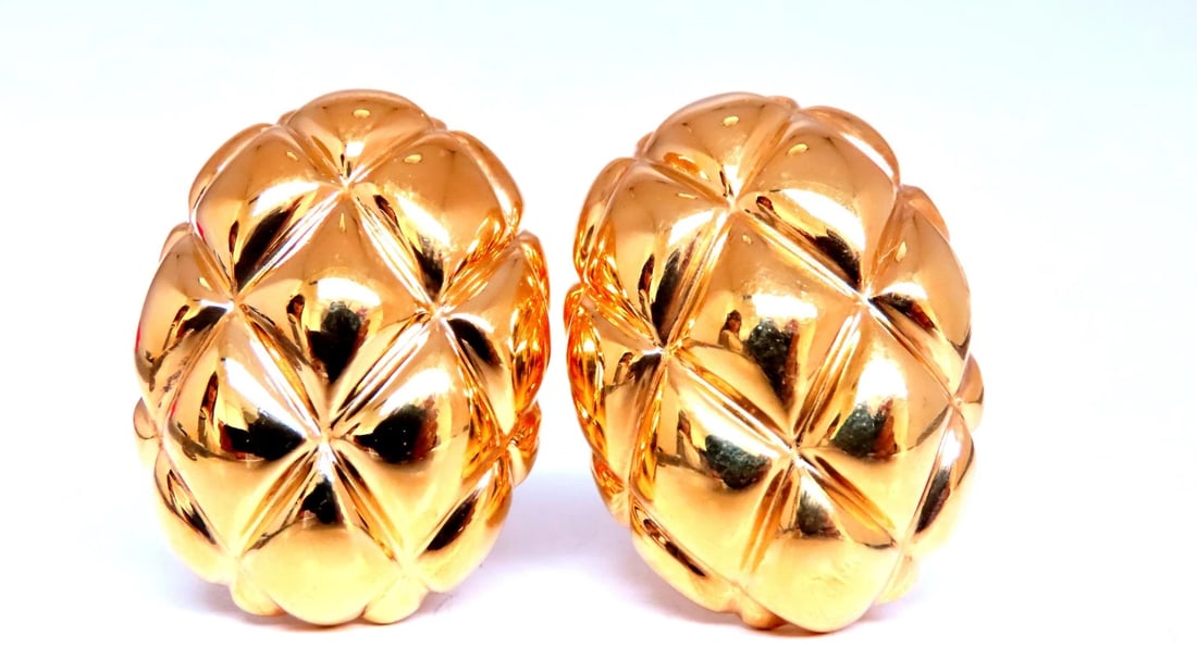 Basket Weave Cross Hatch Omega Clip Earrings Elongated Weave 18kt gold 12582** (1 of 7)