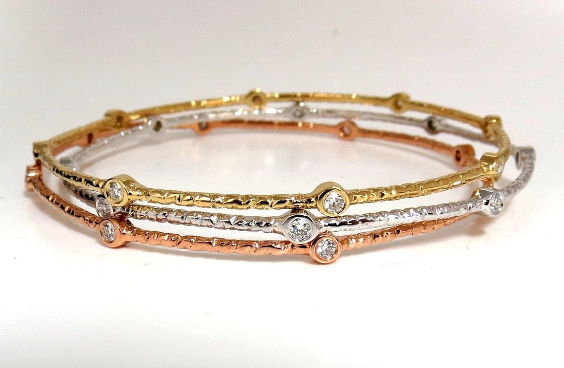 2.30ct (3) NATURAL DIAMONDS BANGLE BRACELETS 3D HAMMER FINISH DECO 14KT** (1 of 8)