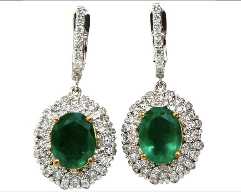 4.84ct Natural Vibrant Green Emerald Diamond Cluster Earrings Dangle 14K 14542** (1 of 9)
