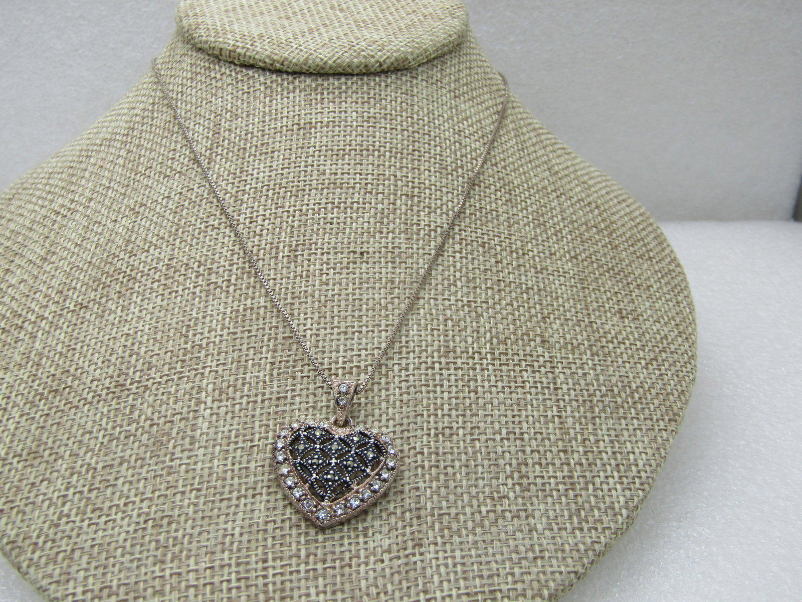 Vintage Filigree Rhinestone Heart Necklace, 20" Sterling Silver Chain, Plated Pendant (1 of 9)