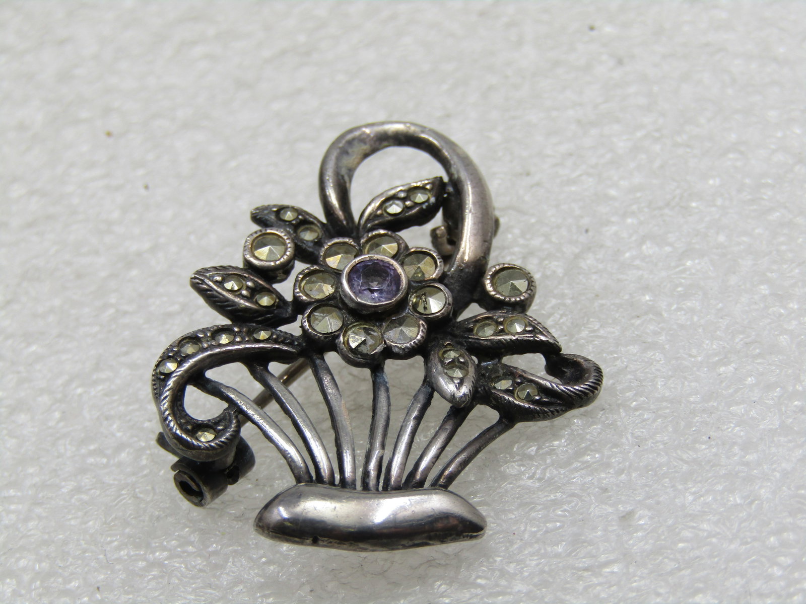 Vintage Sterling SIlver Marcasite Flower Basket Brooch, 1950's-1960's (1 of 6)