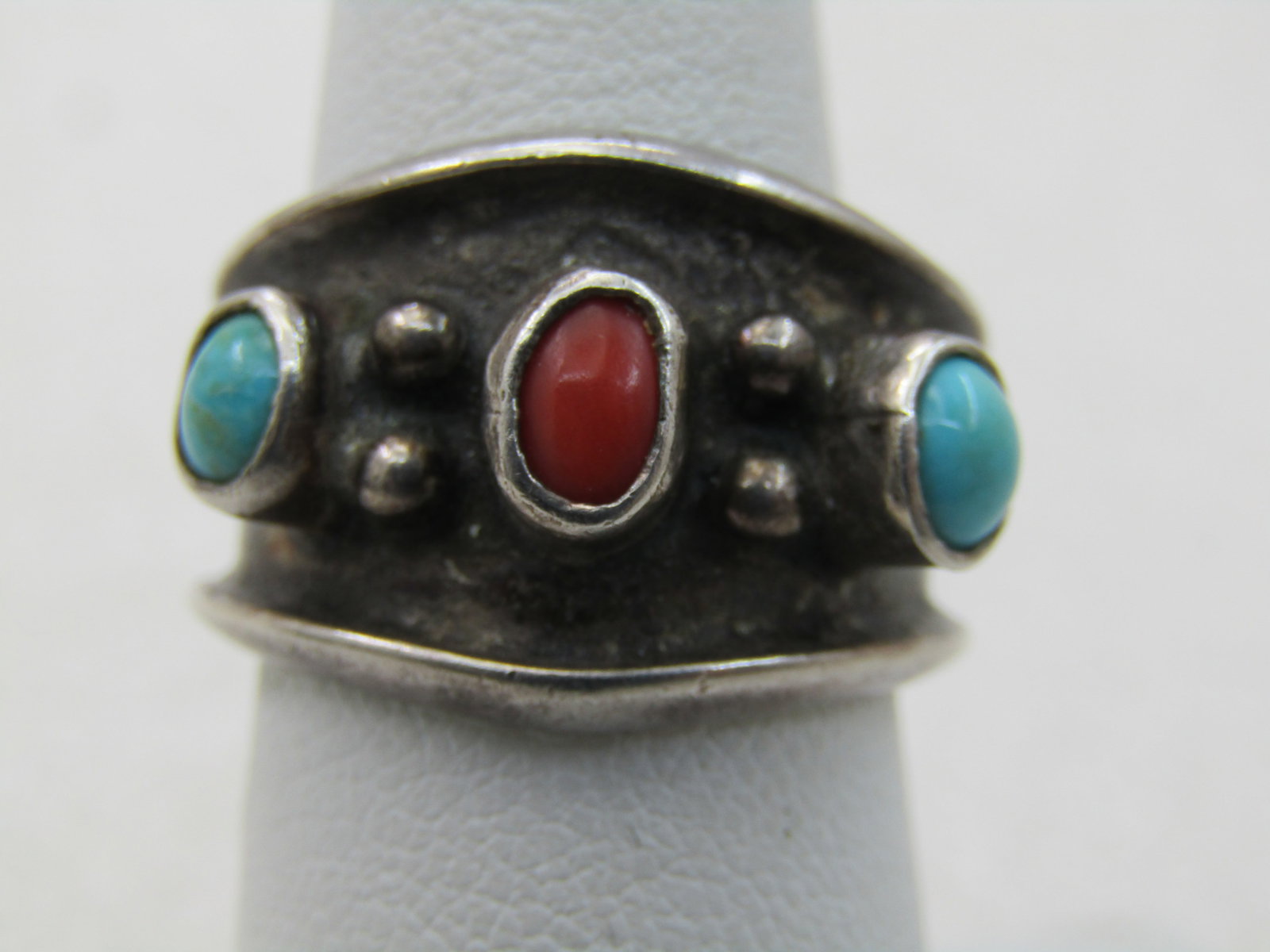 Vintage Sterling Turquoise Coral Band Ring, Sz. 7.5 Unisez, 15.5mm Wide (1 of 7)