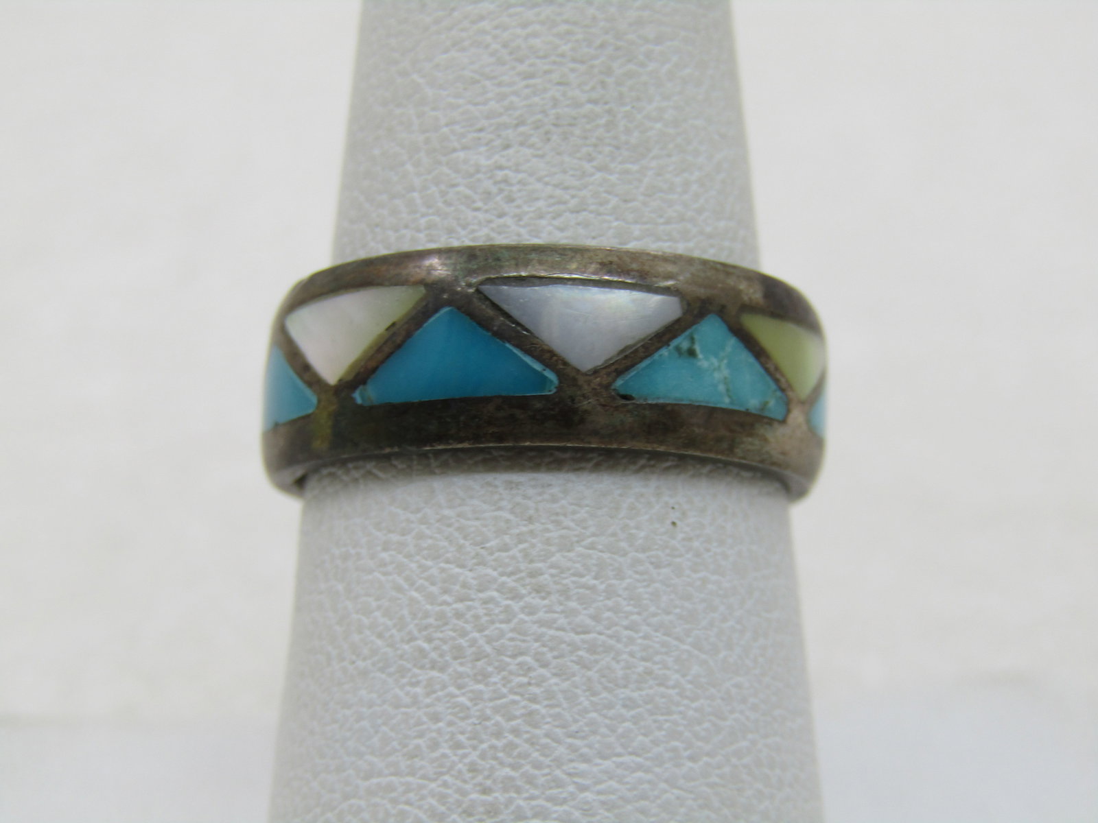 Vintage Southwestern Sterling Inlaid Turquoise MOP Ring, Sz. 8.5, Unisex, 7mm (1 of 6)