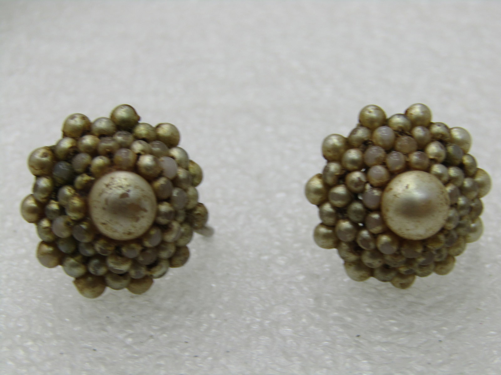 Vintage Sterling Domed Faux Pearl Earrings, Screw Back, 1930's-1940's: Vintage Sterling Domed Faux Pearl Earrings, Screw Back, 1930's-1940's. 3/4" round and four tiers of graduated faux pearls with a center 6mm faux squat peral. These are more cream colored than white. T
