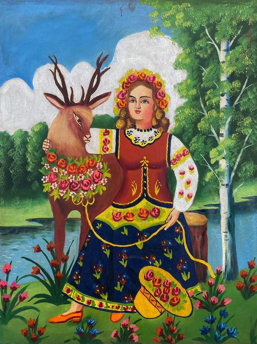 Oil painting Portrait of a girl and a deer Unknown artist: Title: Oil painting Portrait of a girl and a deer Unknown artist Description: NOT 60 *** ABOUT THIS PAINTING *** * TITLE: Portrait of a girl and a deer * ARTISTS: Unknown artist * SIZE: 60x79