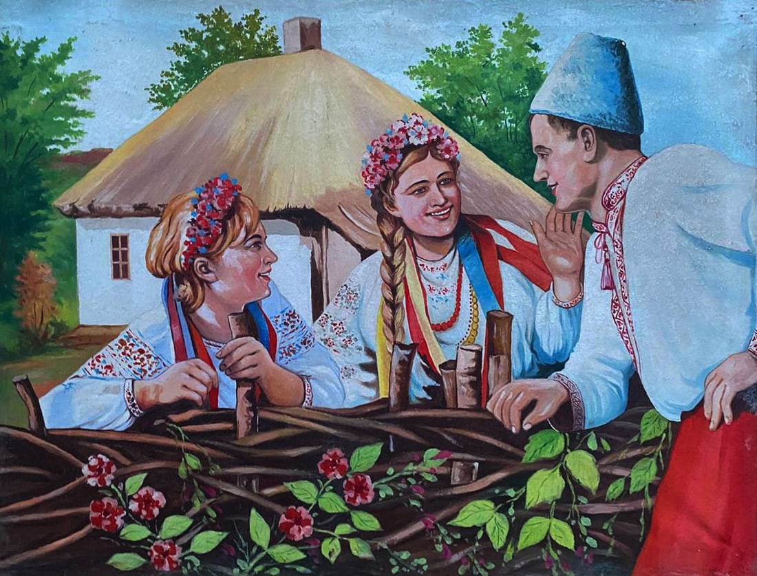 Oil painting Young people near the house Unknown artist (1 of 5)