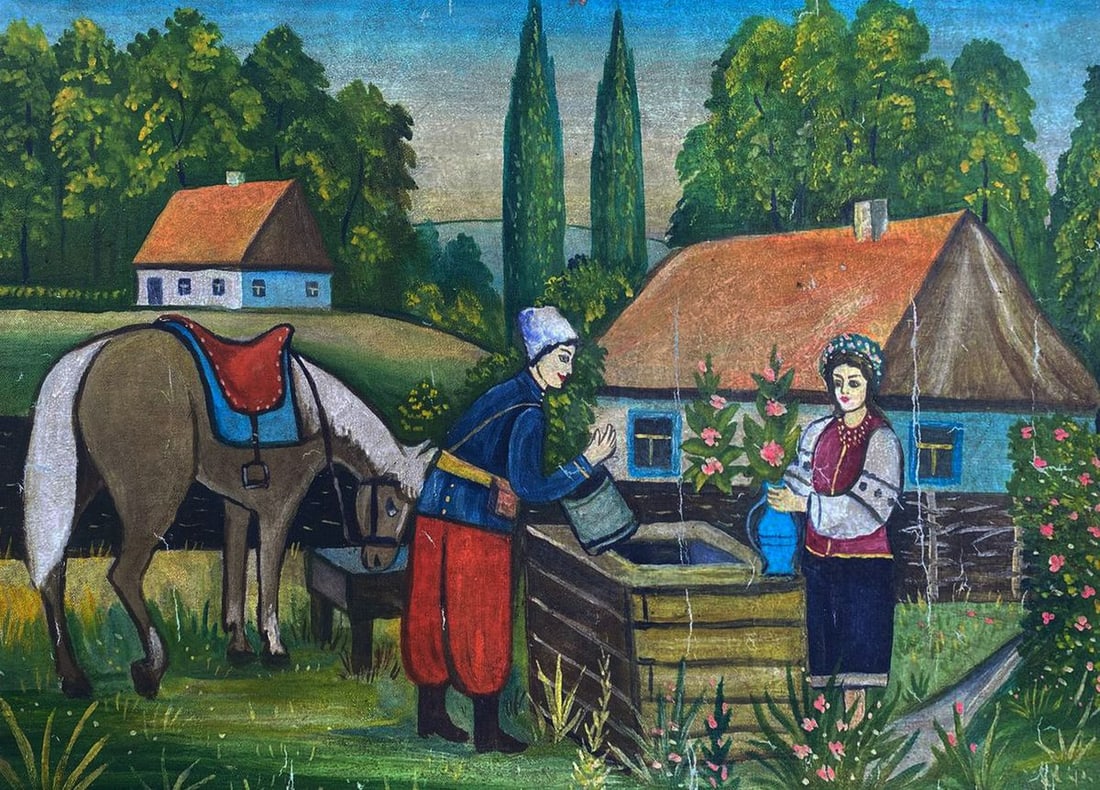 Oil painting A girl with a guy near a well Unknown artist: Title: Oil painting A girl with a guy near a well Unknown artist Description: NOT 68 *** ABOUT THIS PAINTING *** * TITLE: A girl with a guy near a well * ARTISTS: Unknown artist * SIZE: 68x50