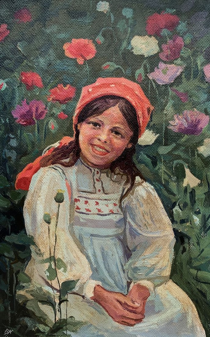 Oil painting A child's gaze among endless grass Unknown artist (1 of 9)