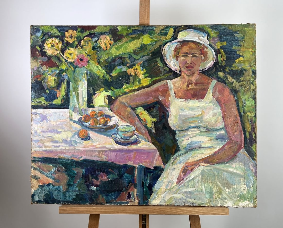 Oil painting Tamara's reflections Peter Dobrev: Title: Oil painting Tamara's reflections Peter Dobrev Description: AAA5157The oil painting on Canvas titled Tamara's Reflections is a tender and quietly powerful composition that captures the subtle