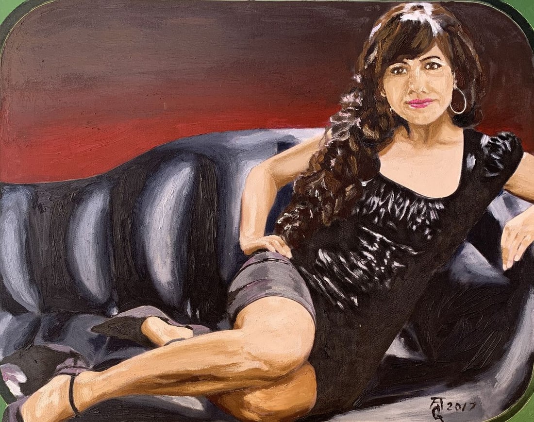 Oil painting Girl on the sofa Oleksandr Gukalov: Title: Oil painting Girl on the sofa Oleksandr Gukalov Description: AAA3235Girl on the Sofa is a captivating Oil painting that portrays a young woman lounging elegantly on a plush, dark sofa. The artw