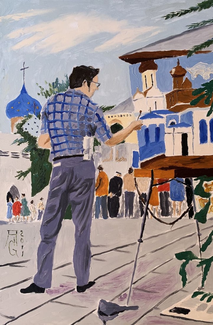 Oil painting City Master Oleksandr Gukalov: Title: Oil painting City Master Oleksandr Gukalov Description: AAA3237City Master is an evocative Oil painting that captures a scene of an artist at work in a bustling city square. The central