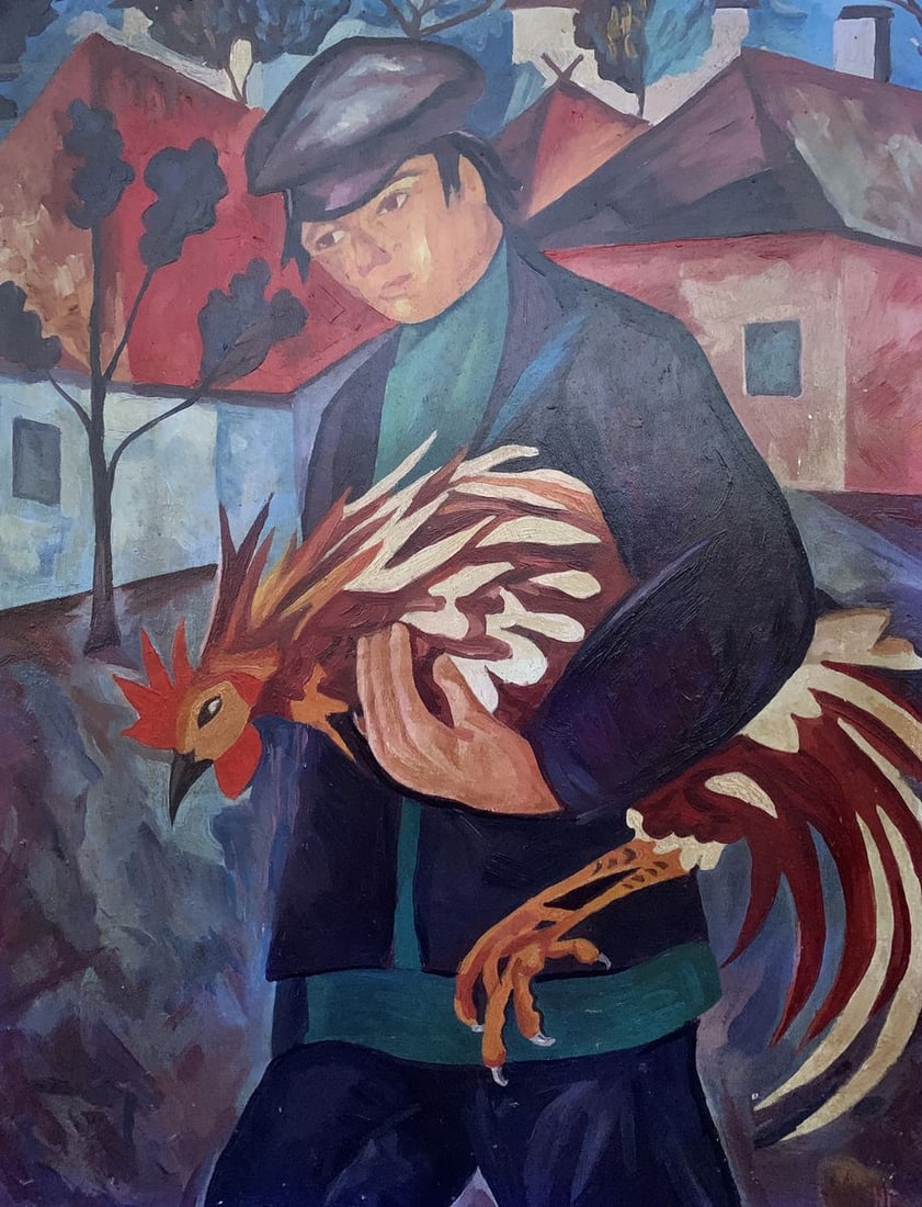 Oil painting Man with a rooster (based on Natalia Goncharova) V. Konotopsky: Title: Oil painting Man with a rooster (based on Natalia Goncharova) V. Konotopsky Description: 1680Man with a Rooster by renowned Ukrainian artist Viktor Konotopsky, inspired by Natalia Goncharova, i
