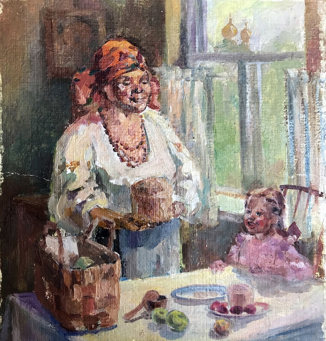 Oil painting Visiting Grandma Unknown artist (1 of 11)