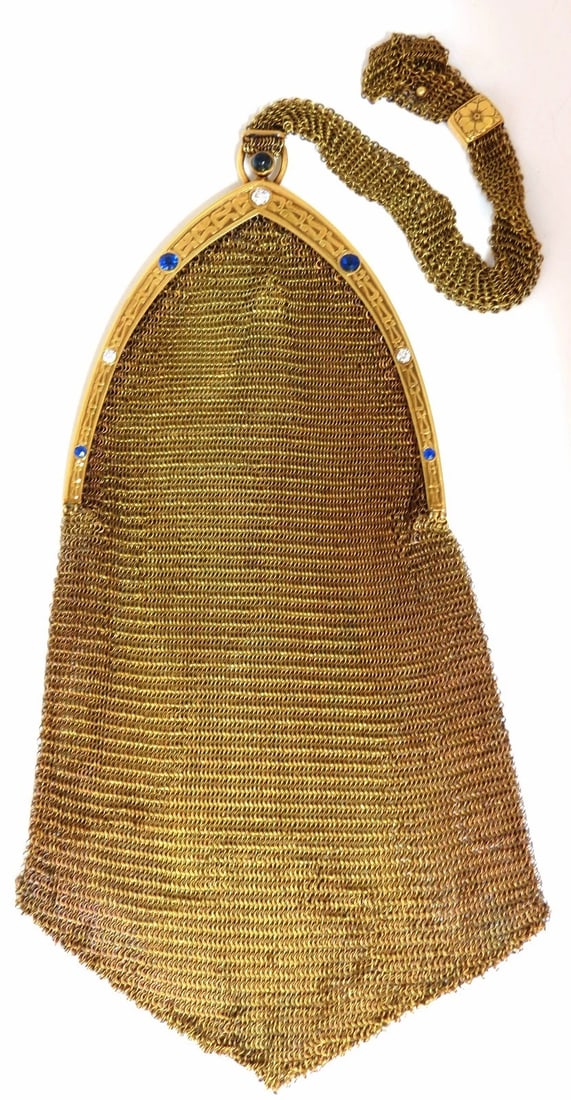 14KT GOLD PURSE LADIES VINTAGE 1.00ct SAPPHIRE DIAMONDS FLEX MESH STRAP HANDLE+ (1 of 1)