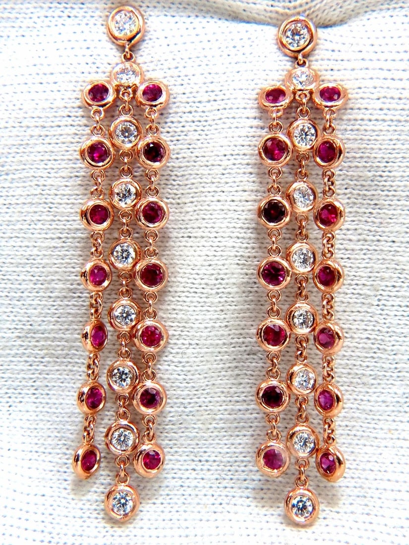 3.00ct natural deep red ruby diamond by yard dangle earrings 14kt**: Title: 3.00ct natural deep red ruby diamond by yard dangle earrings 14kt** Description: Ruby & Diamonds By the Yard, Dangling Earrings. Three Tier. 2.00ct. Natural Rounds Brilliant cut Rubies. Clean c