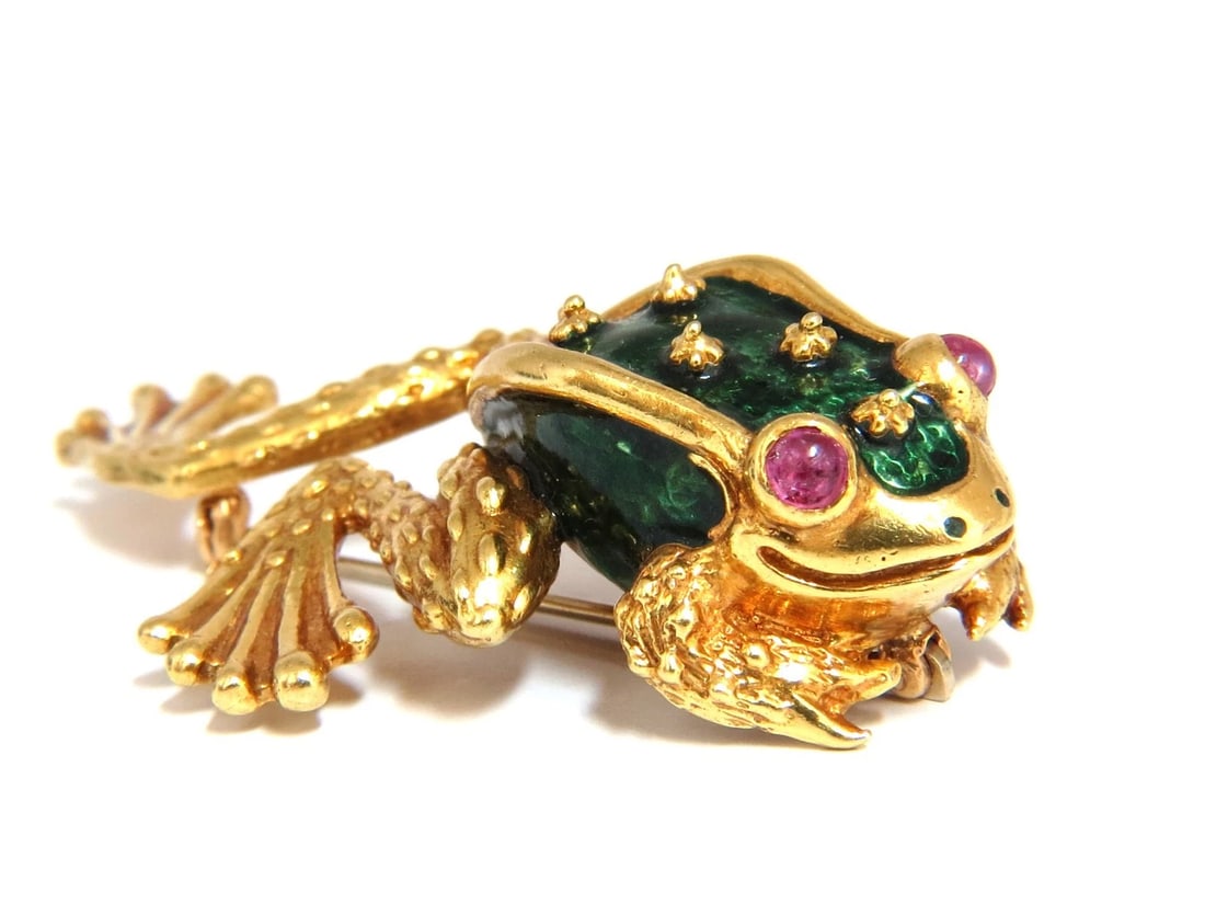 18KT GOLD TOAD FROG PIN GREEN ENAMEL INTRICATE DETAIL 3D VINTAGE UNIQUE+** (1 of 6)