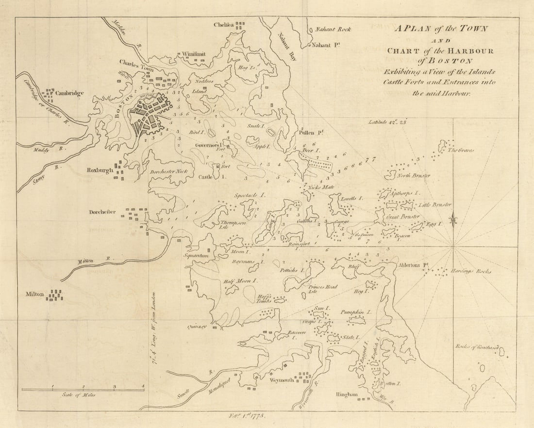 A plan of the town and chart of the harbour of Boston… GENTS MAG 1775 old map (1 of 1)