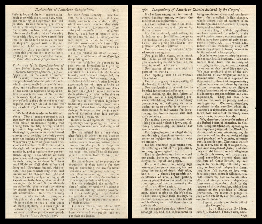 Declaration of American Independence early printing July 4th Gents Magazine 1776 (1 of 1)