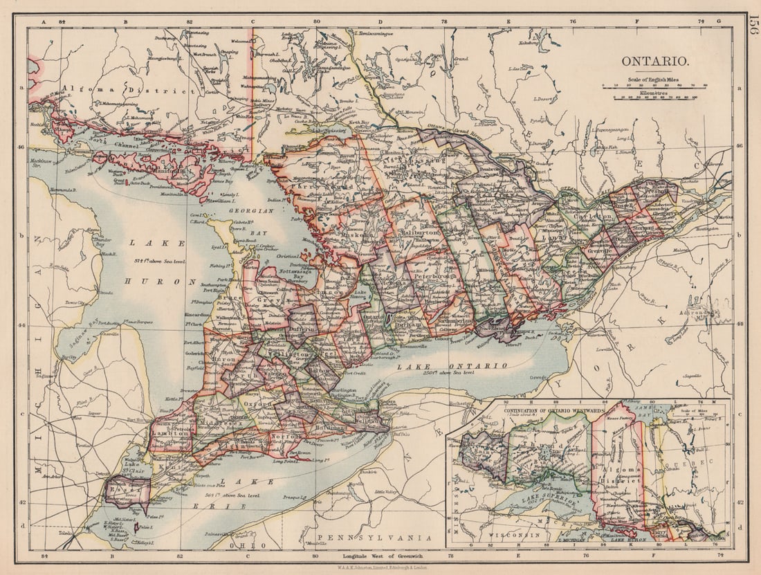 ONTARIO. Showing counties. British North America. Canada. JOHNSTON 1906 map (1 of 1)