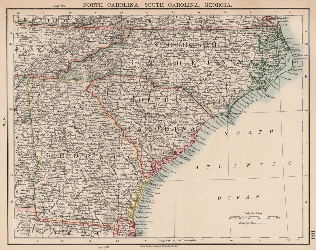 USA SOUTH ATLANTIC STATES. North & South Carolina Georgia. JOHNSTON 1906 map (1 of 1)