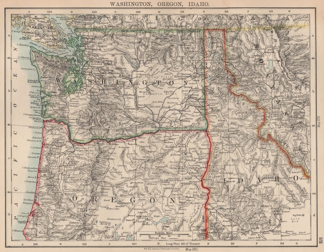 USA PACIFIC NORTHWEST.Washington State Oregon Idaho.Railroads.JOHNSTON 1906 map (1 of 1)