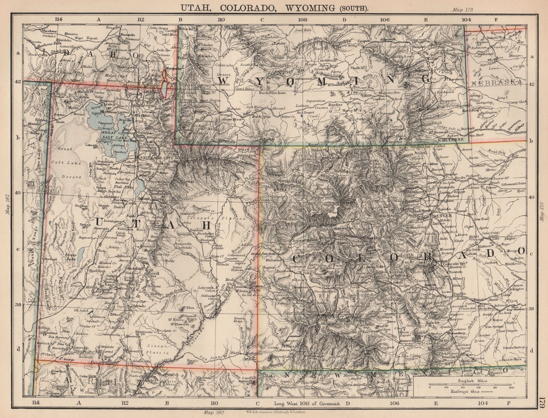 USA MOUNTAIN STATES.Utah,Colorado & South Wyoming.Railroads.JOHNSTON 1906 map (1 of 1)