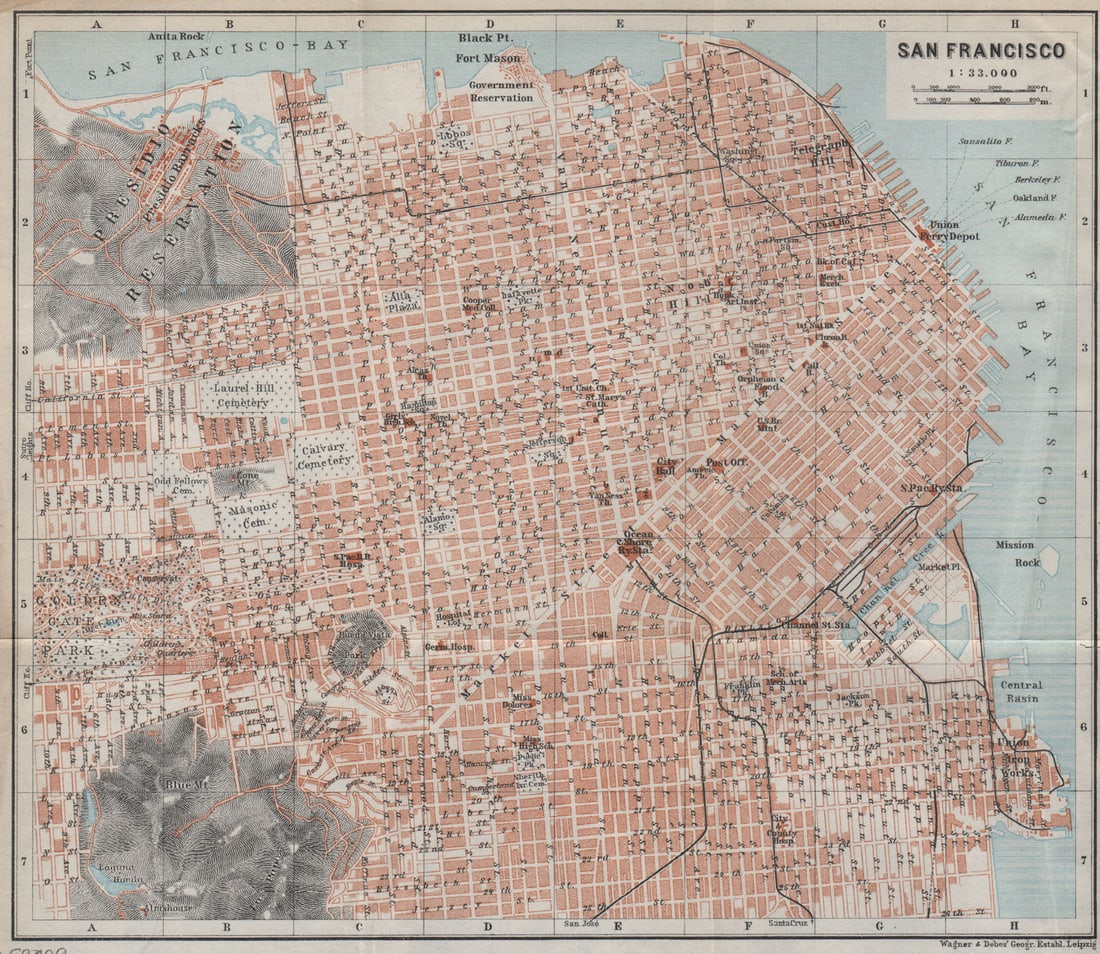 SAN FRANCISCO antique town city plan. California. BAEDEKER 1909 old map: Title: SAN FRANCISCO antique town city plan. California. BAEDEKER 1909 old map Description: San Francisco' by Baedeker, Karl / Wagner & Debes. Published 1909. Antique colour map. Scale 1:33.000. Size 