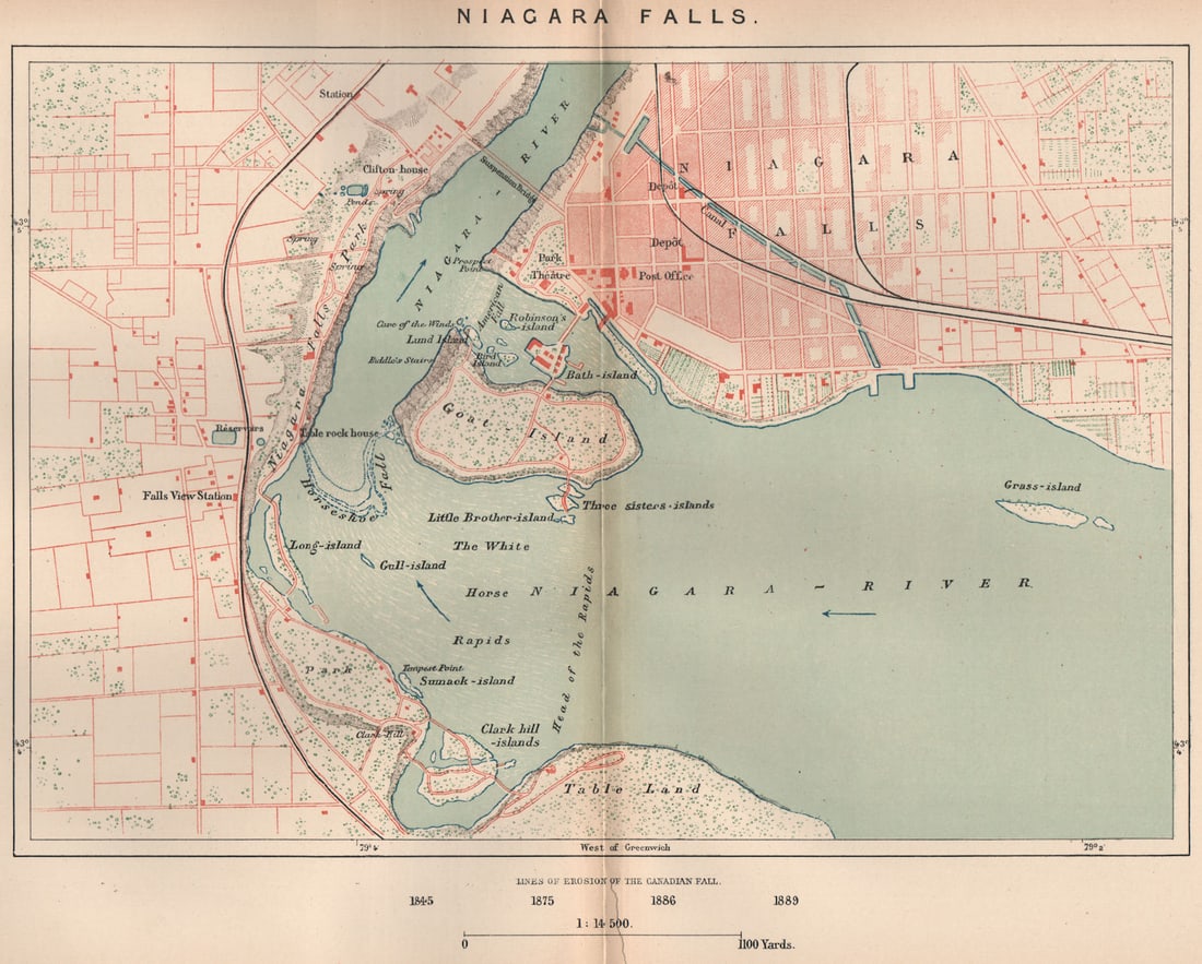 Niagara Falls. North America. Canada 1885 old antique vintage map plan chart: Title: Niagara Falls. North America. Canada 1885 old antique vintage map plan chart Description: Niagara Falls'. Engraved for Élisée Reclus. Published 1885. Antique colour map. Scale 1:14,50